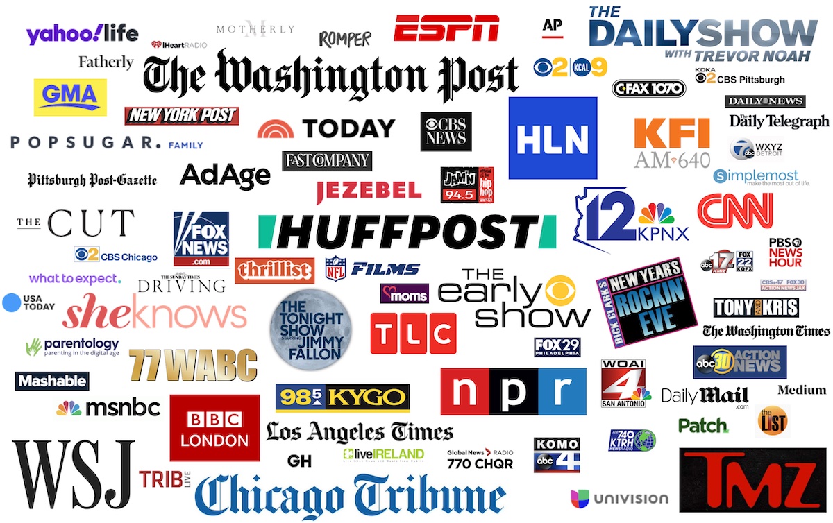 many news source media logos including CNN, Huffington Post, Washington Post, and The Daily Show